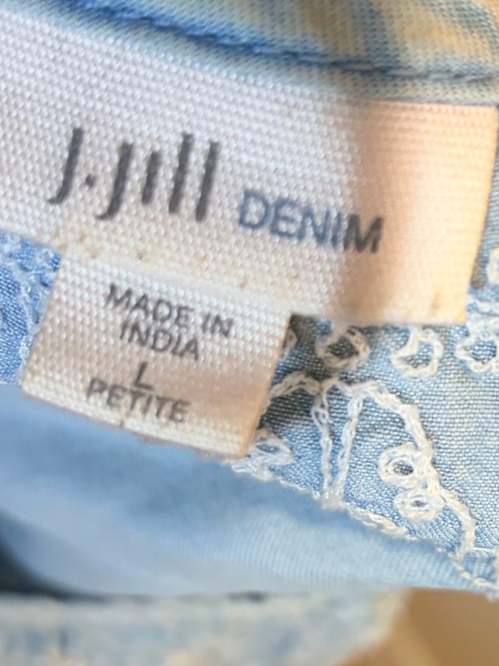 J.Jill Denim Embroidered Tencel Peasant Top Large Petite Tassel Boho Blue - Picture 3 of 14